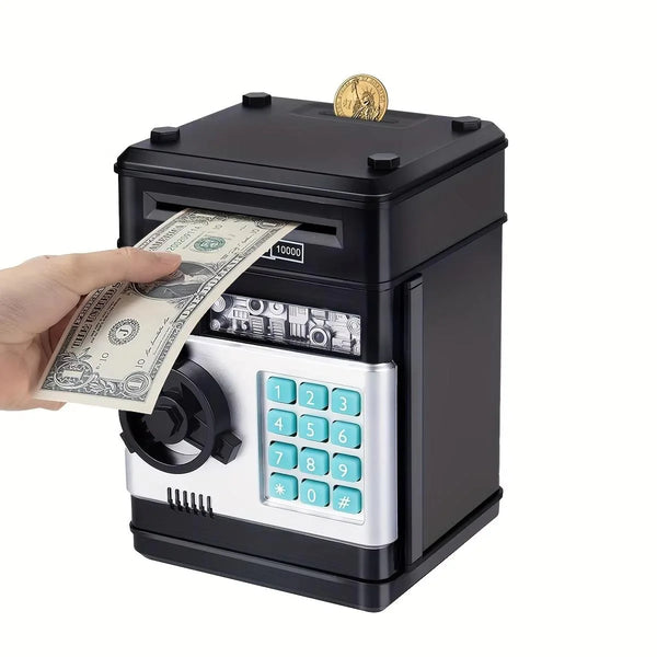 AWH Adevena electronic piggy bank, mini atm password money bank cash coins saving box for kids, cartoon safe bank box perfect toy gifts for boys girls (black)